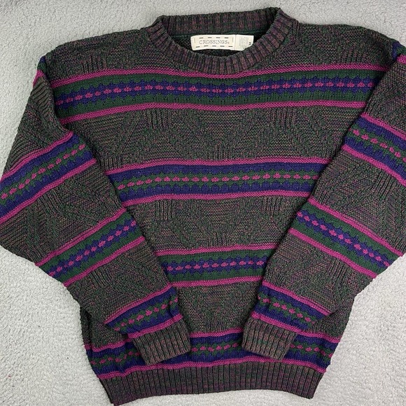 Vintage 90s Crossings Geometric Knit Grandpa Sweater USA Made Coogi Like Sz M - Picture 1 of 5